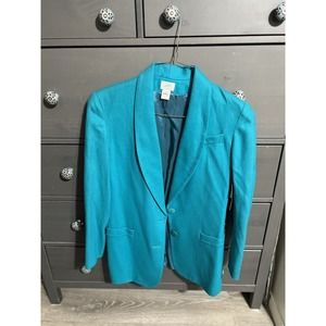 NEW Vintage Jacqueline Ferrer 10 Turquoise 100% Wool 2 Button Blazer Jacket